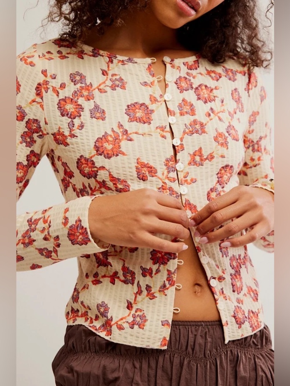 🆕 Free People Tilly Printed Waffle Knit Long Sleeve Button-Front NWT SZ XS
